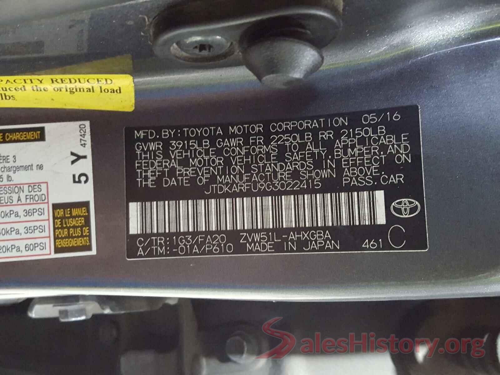 JTDKARFU9G3022415 2016 TOYOTA PRIUS