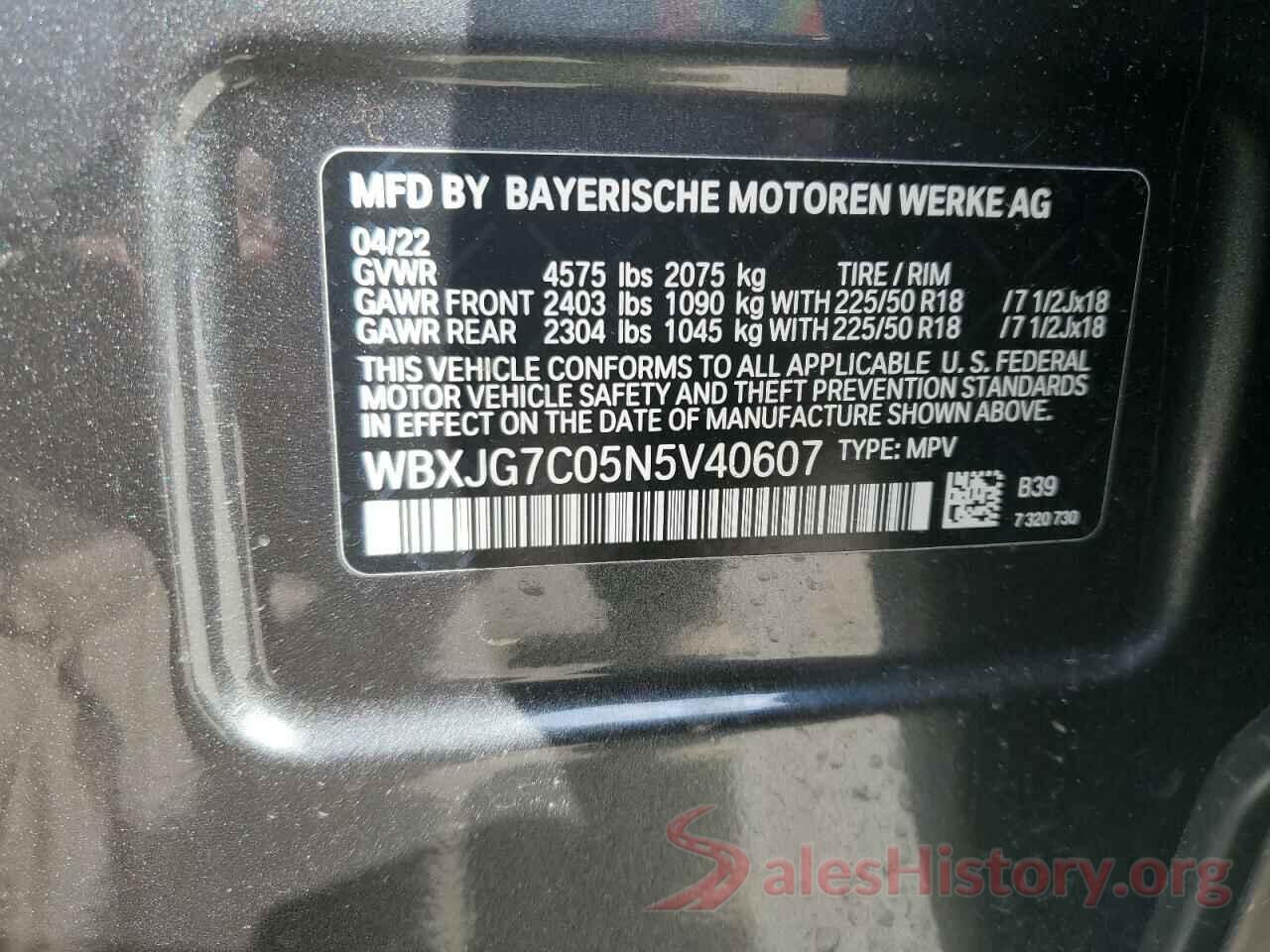 WBXJG7C05N5V40607 2022 BMW X1