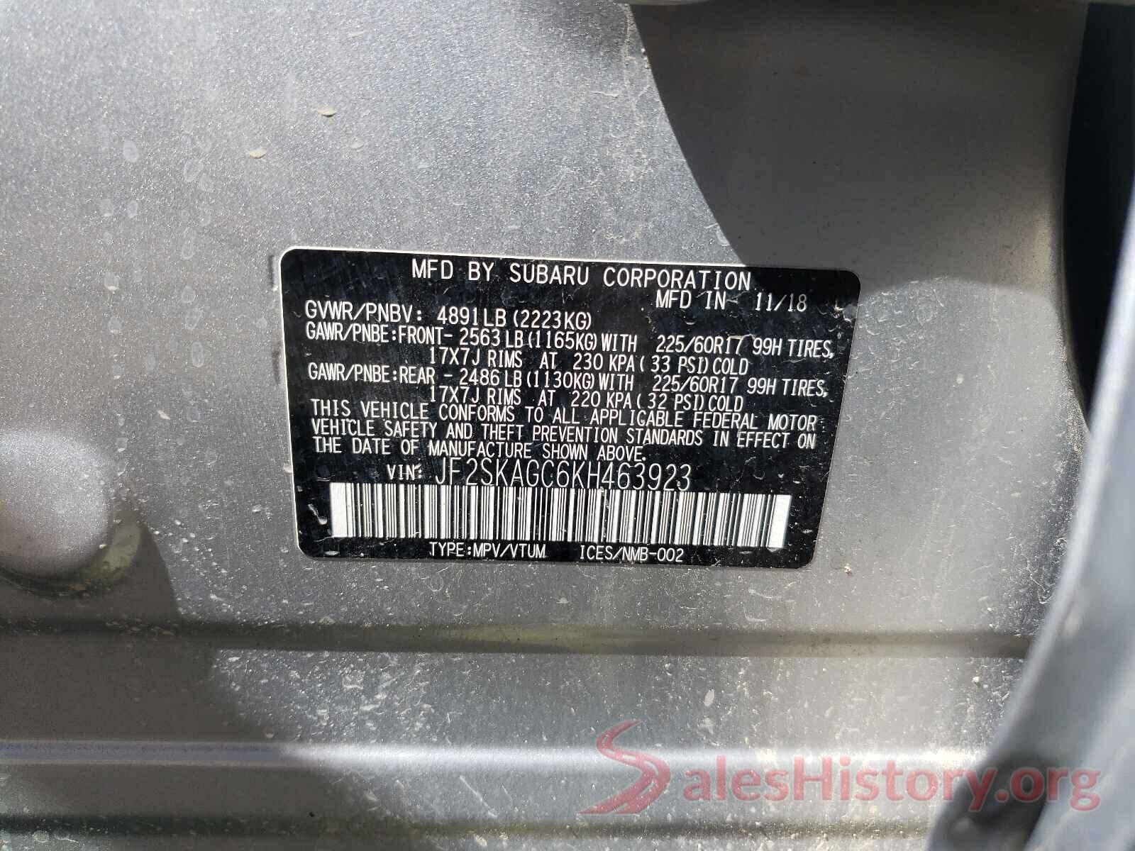 JF2SKAGC6KH463923 2019 SUBARU FORESTER