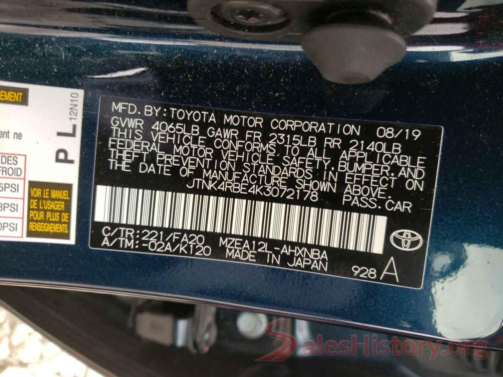 JTNK4RBE4K3072178 2019 TOYOTA COROLLA