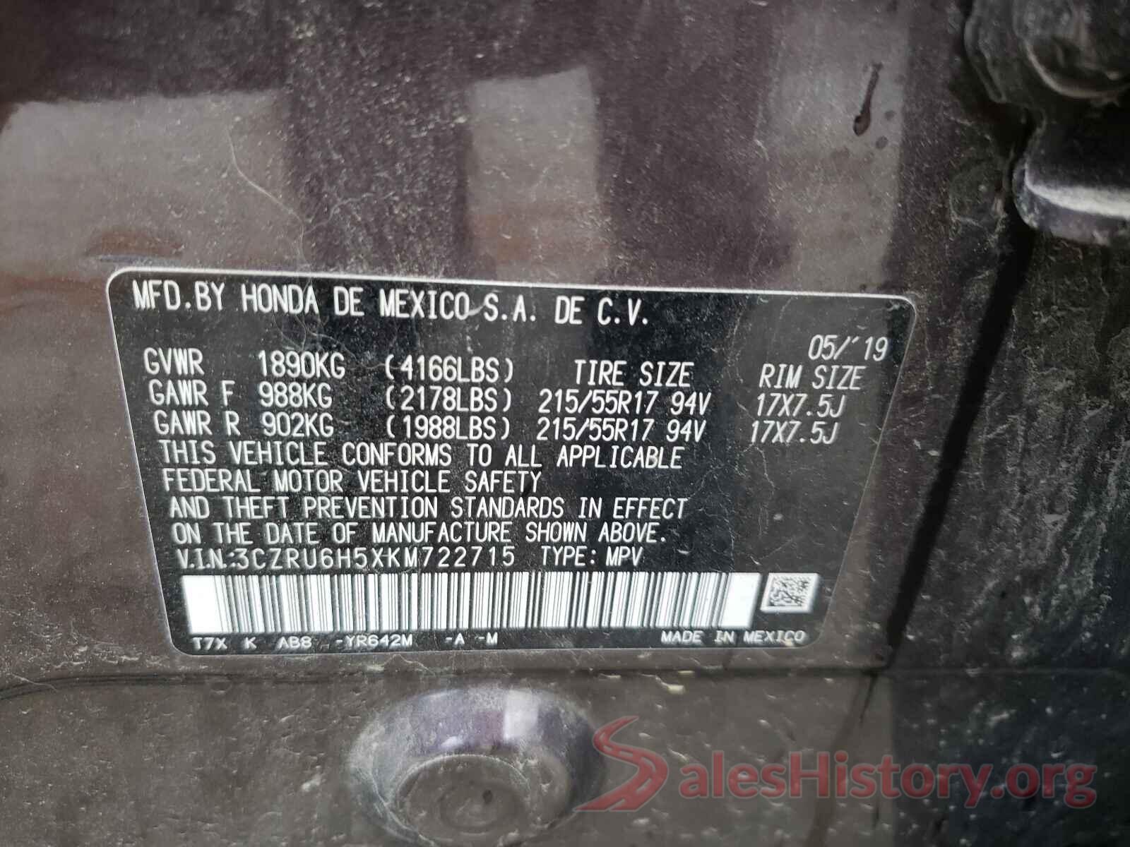 3CZRU6H5XKM722715 2019 HONDA HR-V