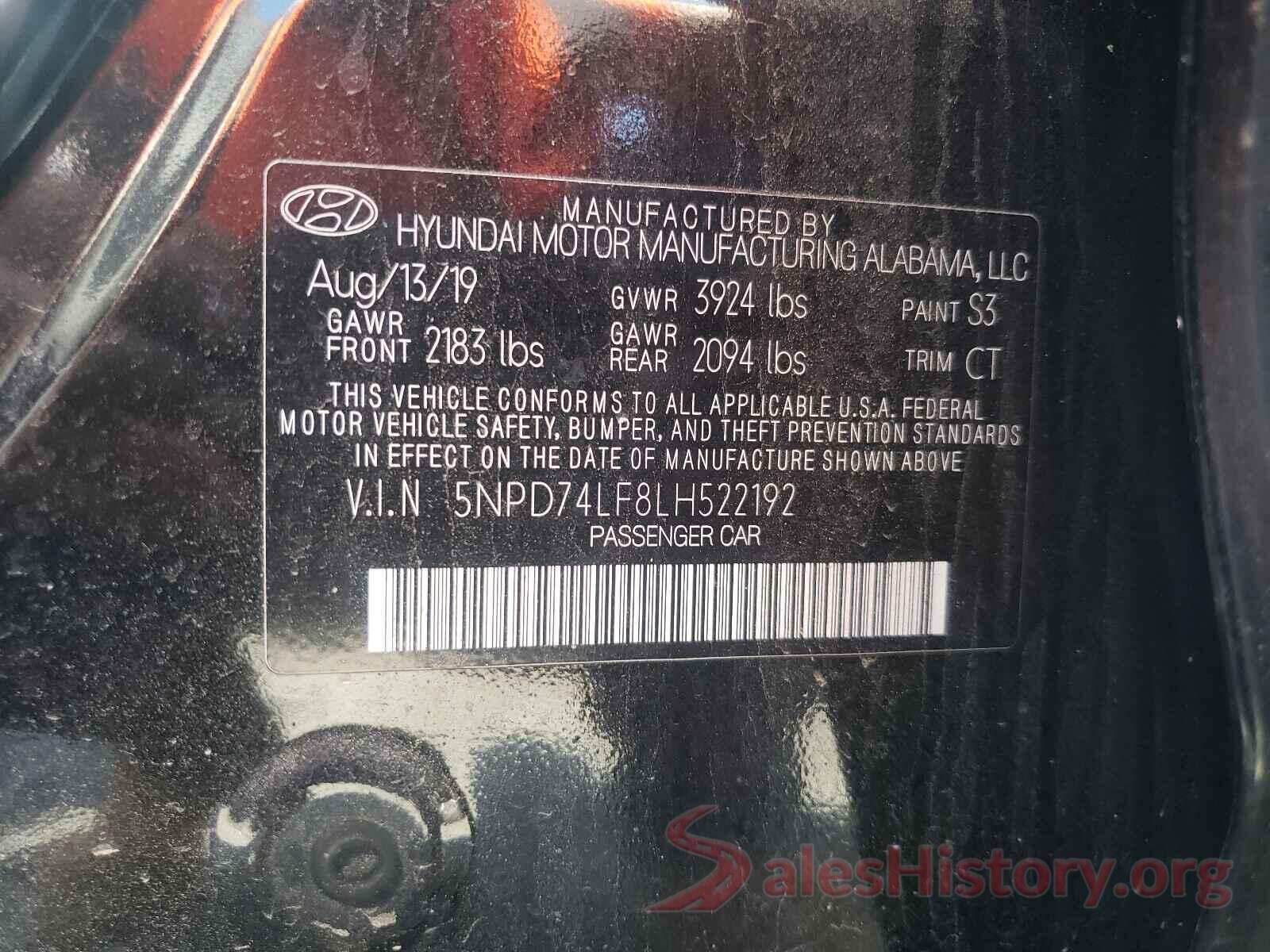 5NPD74LF8LH522192 2020 HYUNDAI ELANTRA