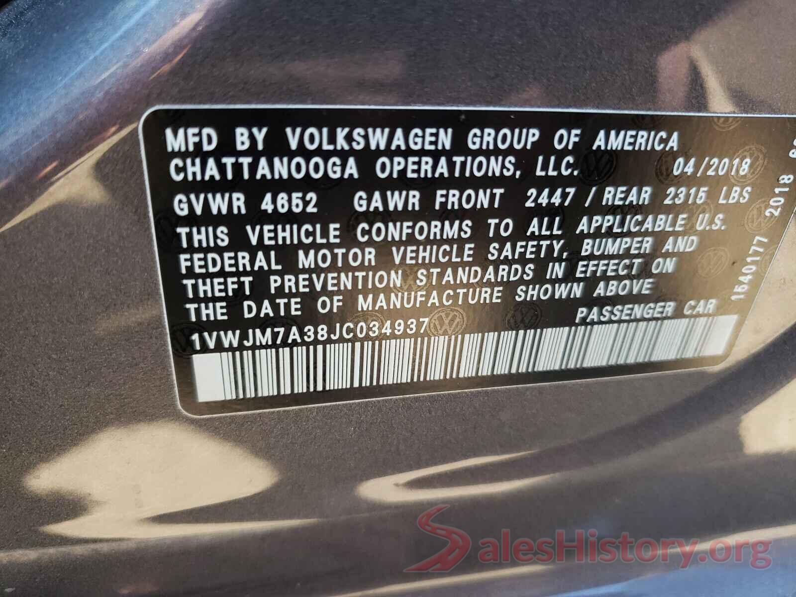 1VWJM7A38JC034937 2018 VOLKSWAGEN PASSAT