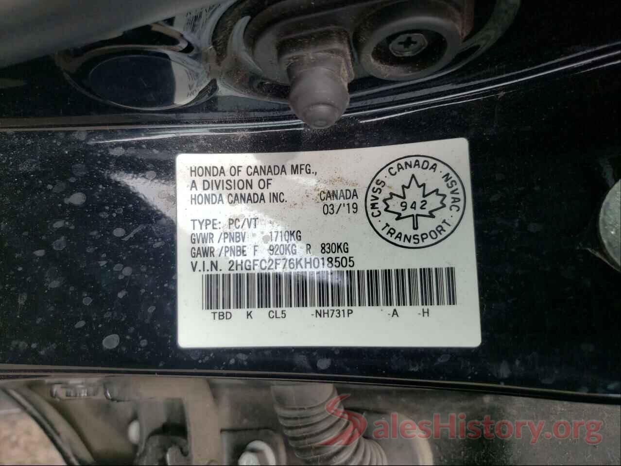 2HGFC2F76KH018505 2019 HONDA CIVIC