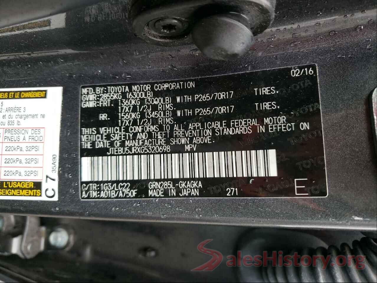 JTEBU5JRXG5320698 2016 TOYOTA 4RUNNER