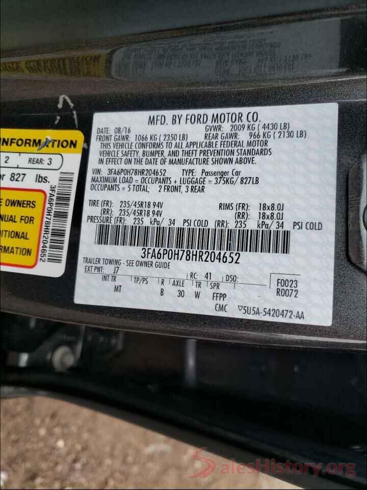 3FA6P0H78HR204652 2017 FORD FUSION