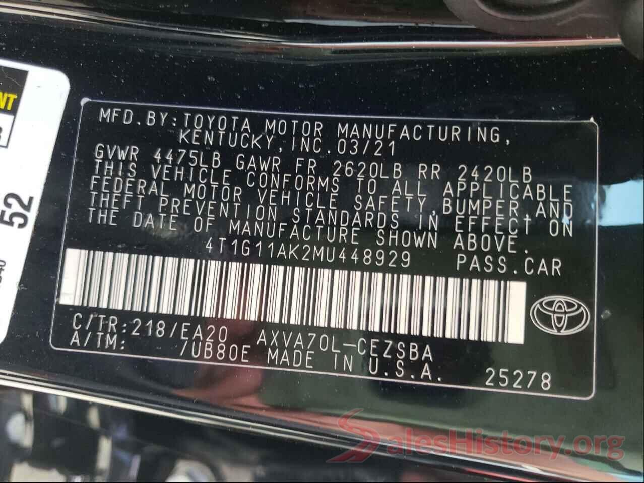 4T1G11AK2MU448929 2021 TOYOTA CAMRY