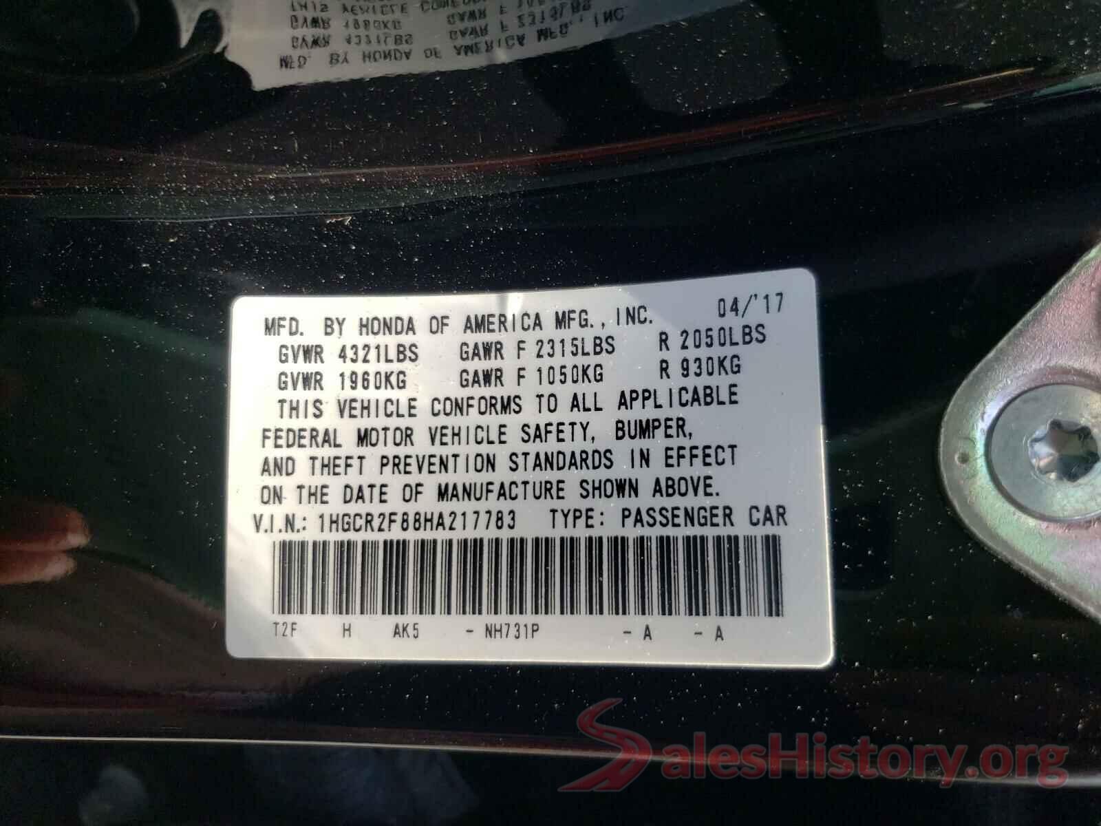 1HGCR2F88HA217783 2017 HONDA ACCORD