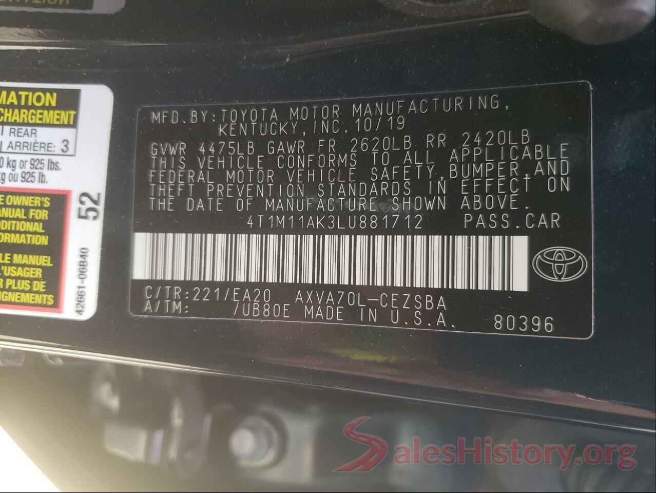 4T1M11AK3LU881712 2020 TOYOTA CAMRY