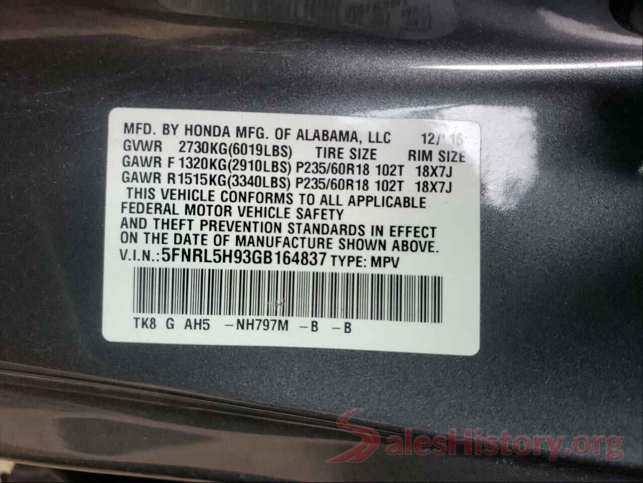 5FNRL5H93GB164837 2016 HONDA ODYSSEY