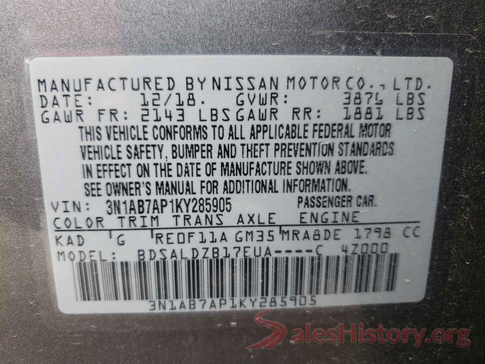 3N1AB7AP1KY285905 2019 NISSAN SENTRA