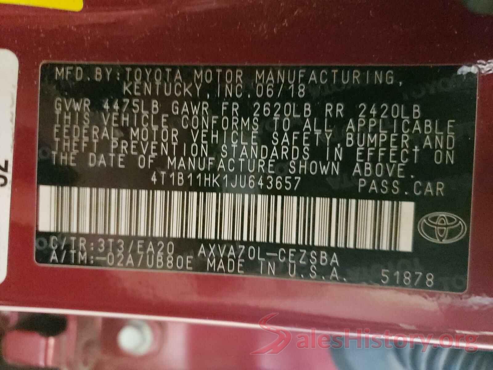 4T1B11HK1JU643657 2018 TOYOTA CAMRY