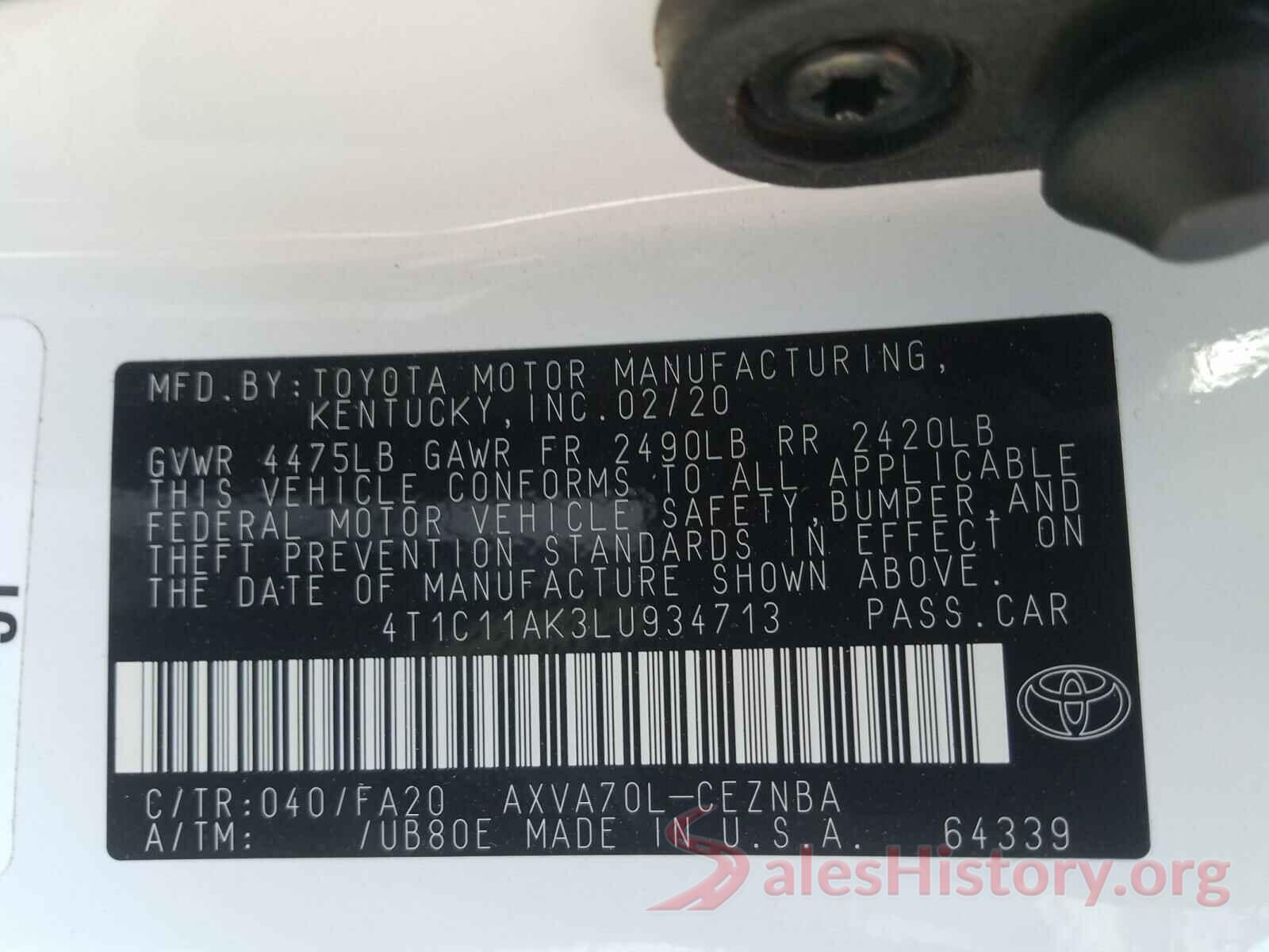 4T1C11AK3LU934713 2020 TOYOTA CAMRY