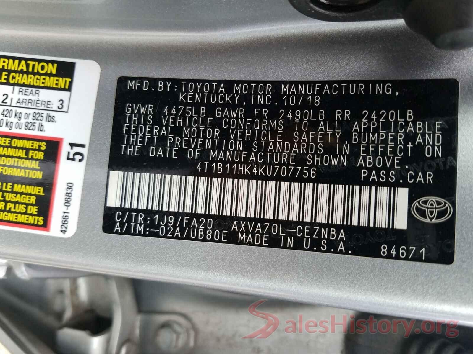 4T1B11HK4KU707756 2019 TOYOTA CAMRY