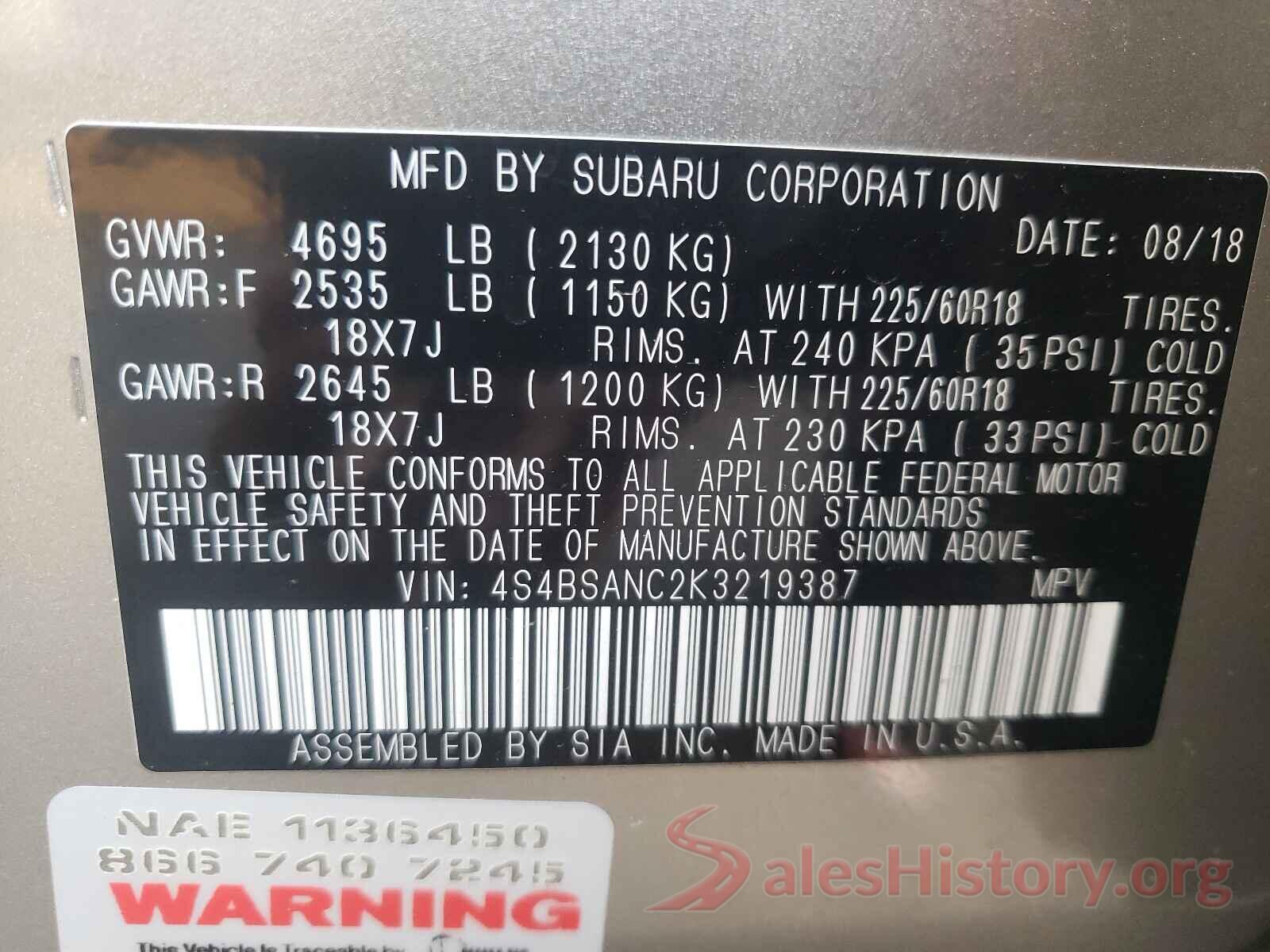 4S4BSANC2K3219387 2019 SUBARU OUTBACK