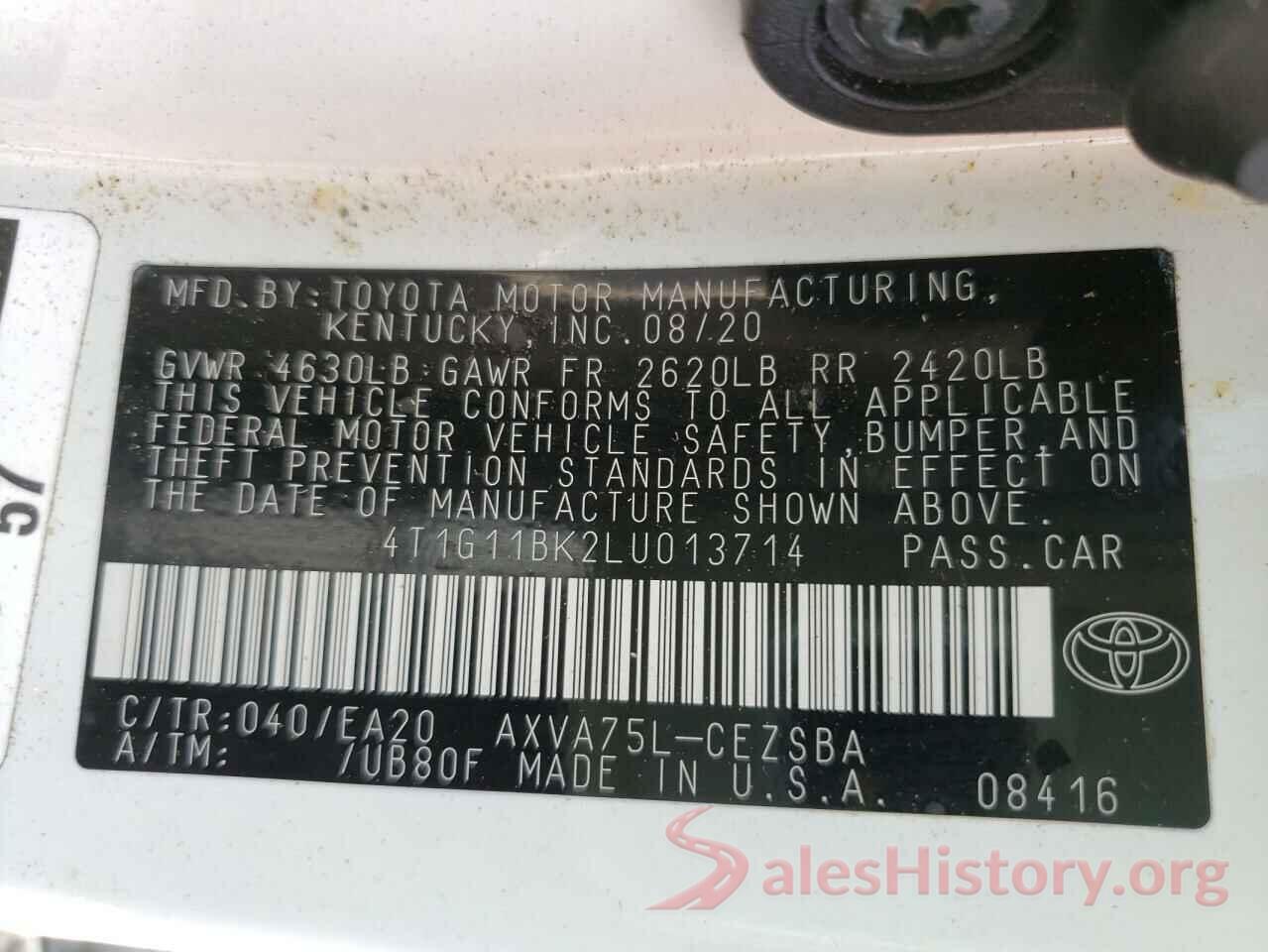 4T1G11BK2LU013714 2020 TOYOTA CAMRY