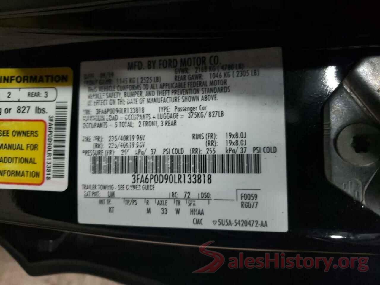 3FA6P0D90LR133818 2020 FORD FUSION