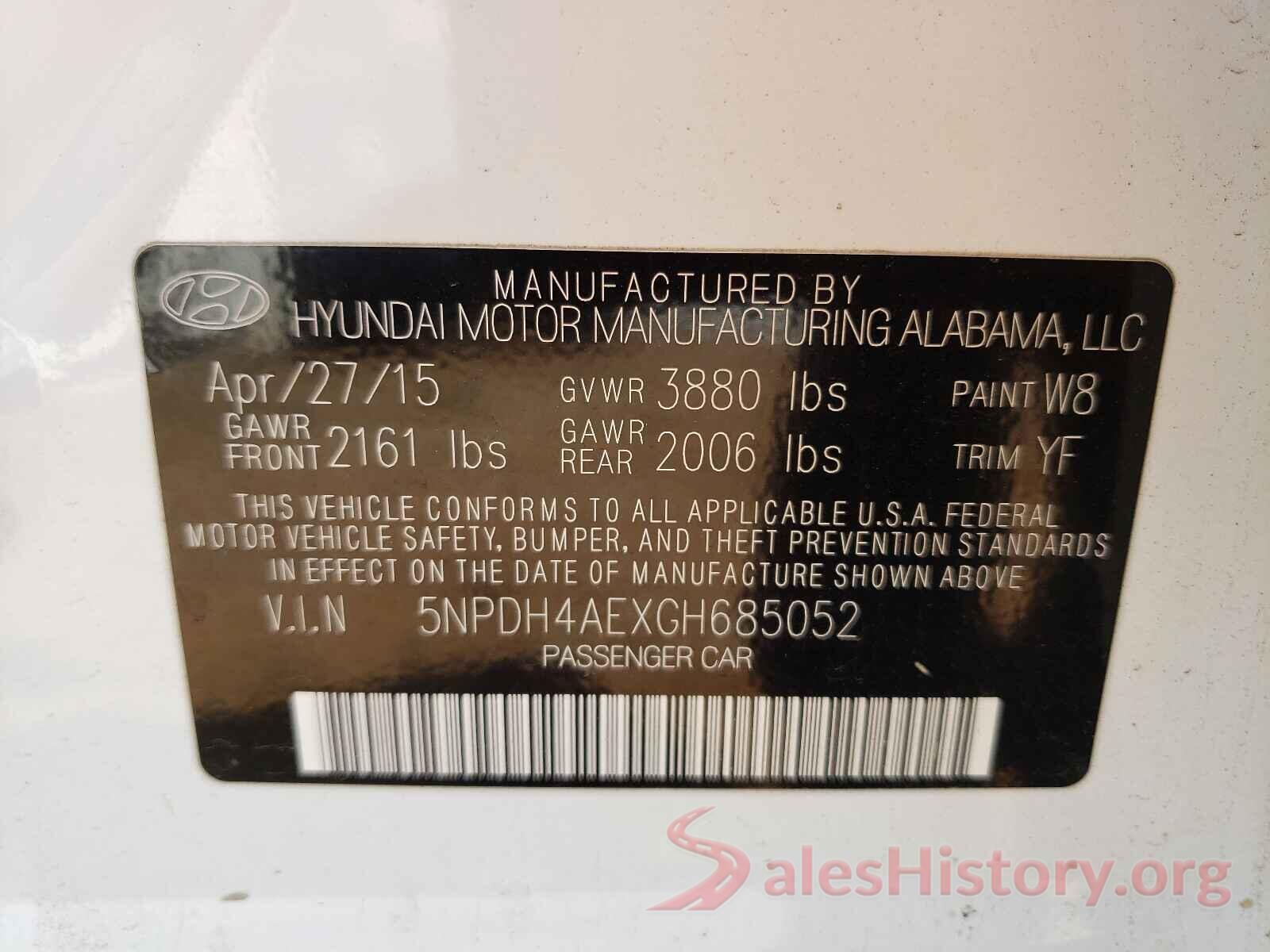 5NPDH4AEXGH685052 2016 HYUNDAI ELANTRA