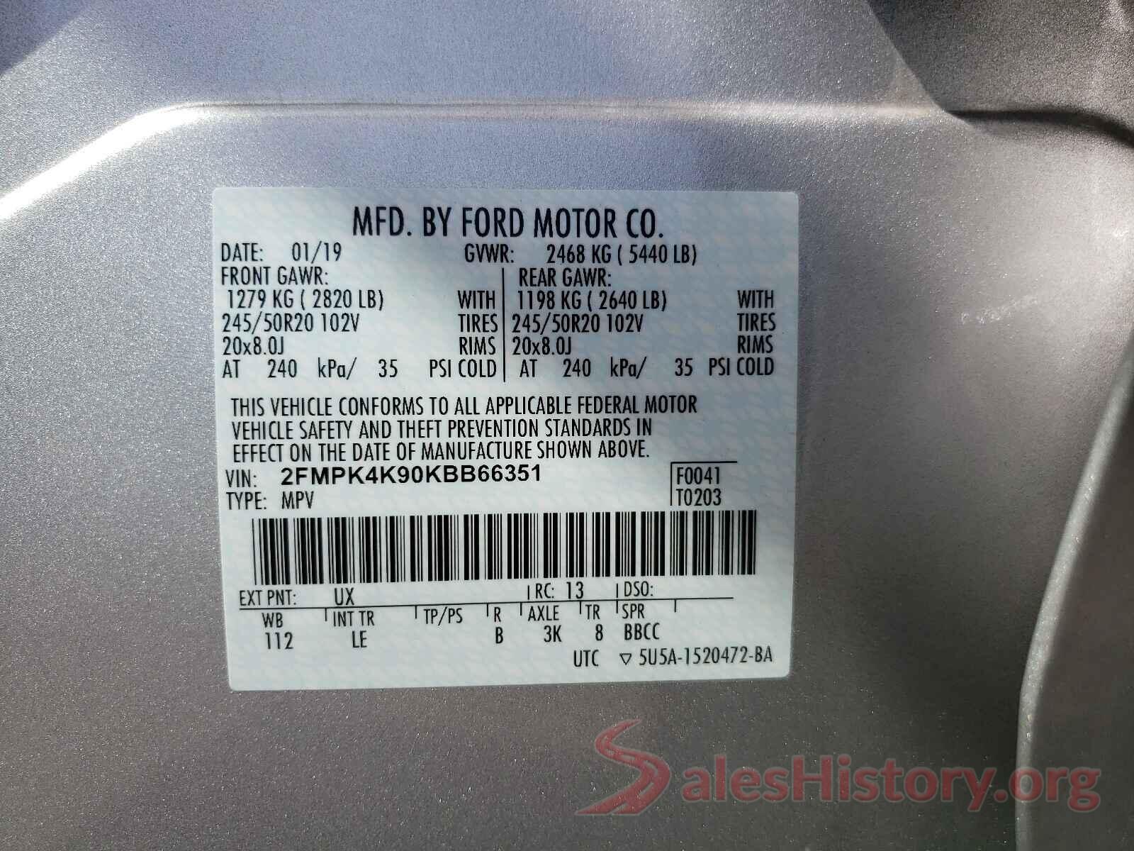 2FMPK4K90KBB66351 2019 FORD EDGE