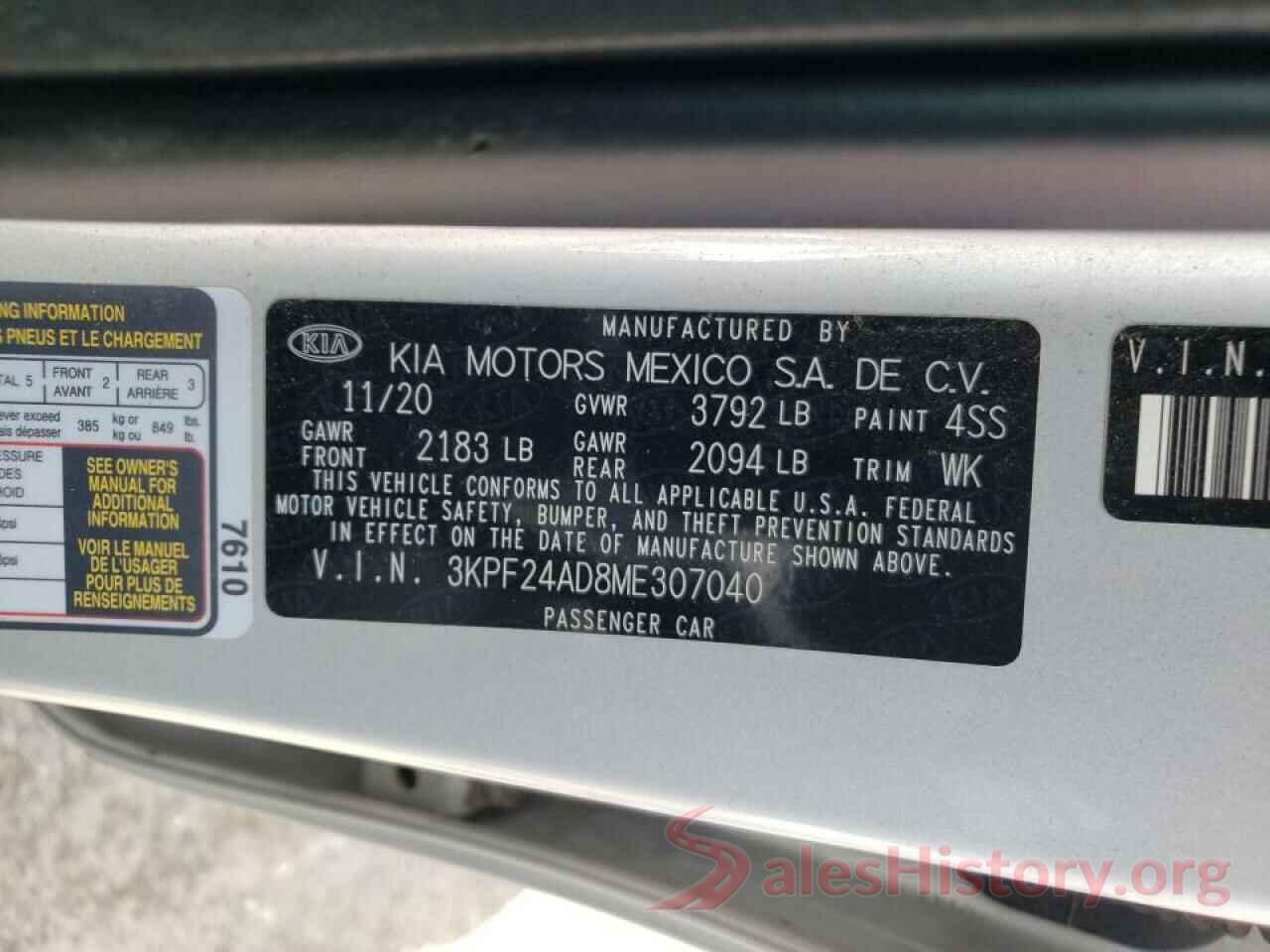 3KPF24AD8ME307040 2021 KIA FORTE