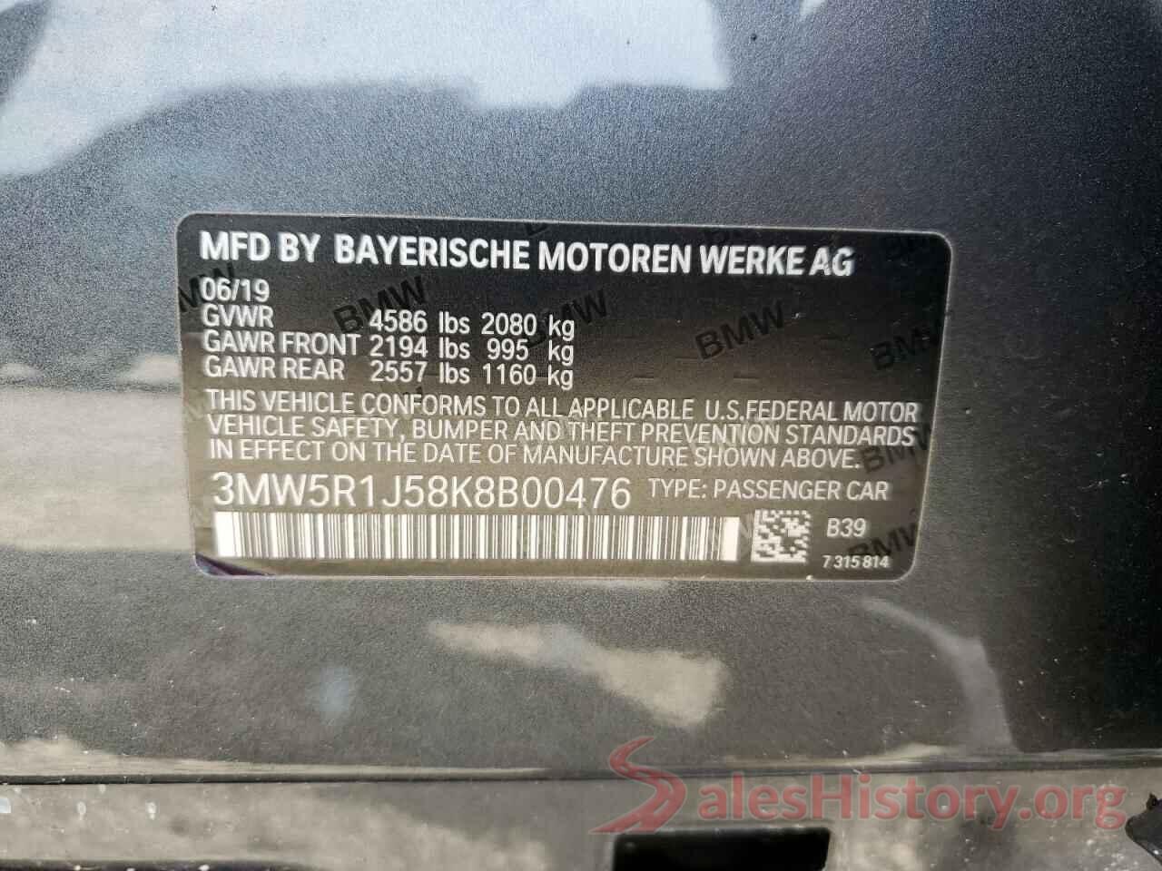 3MW5R1J58K8B00476 2019 BMW 3 SERIES