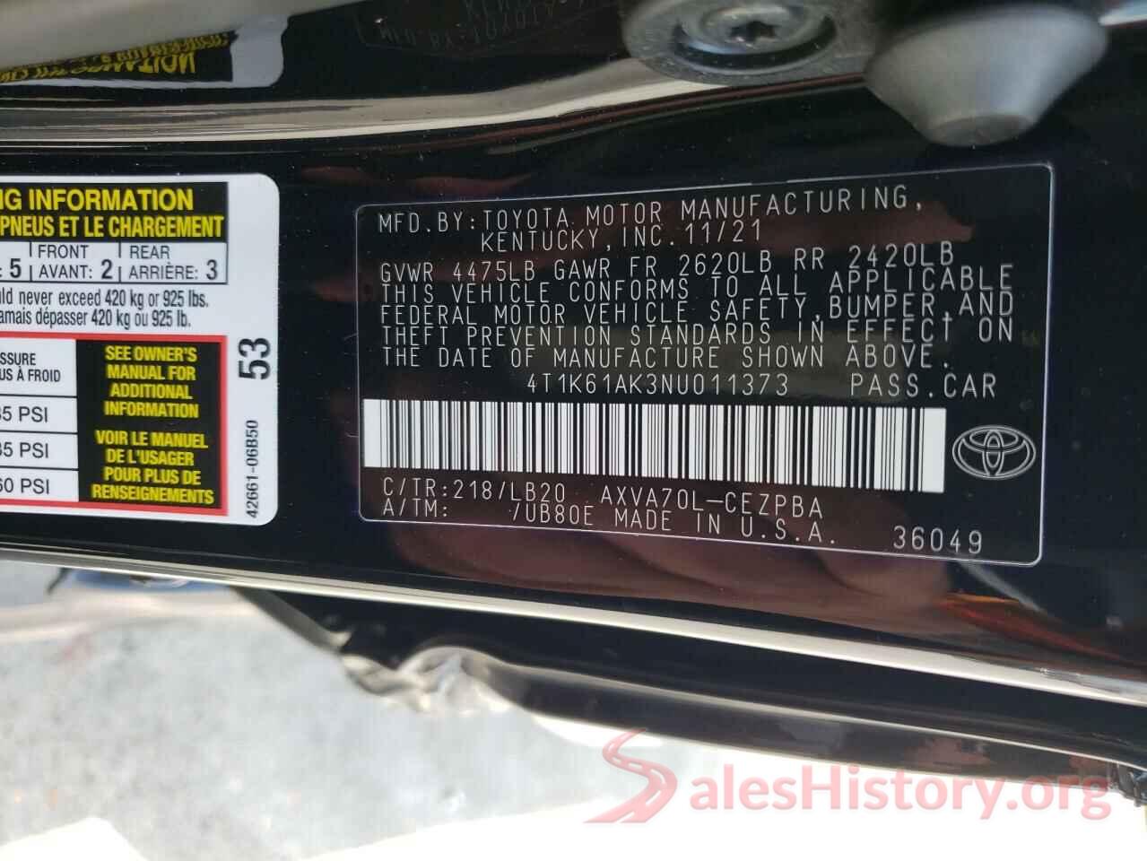 4T1K61AK3NU011373 2022 TOYOTA CAMRY