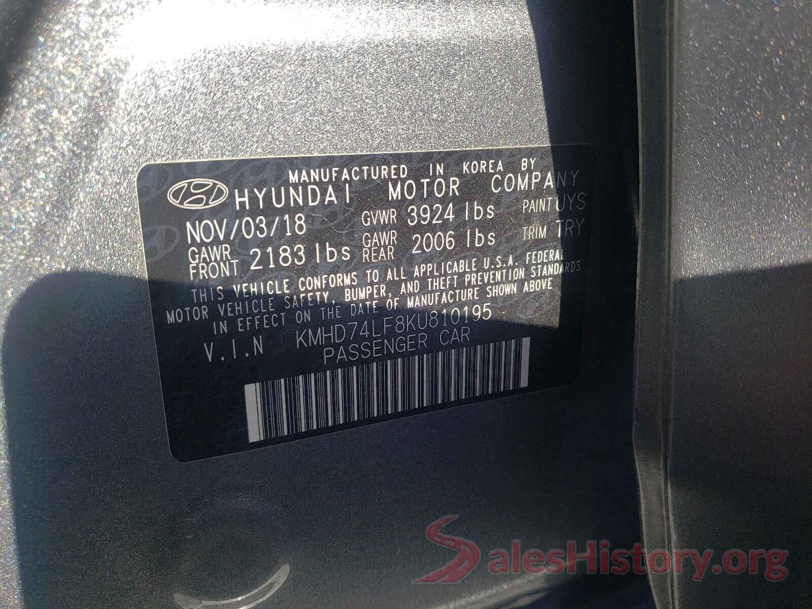 KMHD74LF8KU810195 2019 HYUNDAI ELANTRA