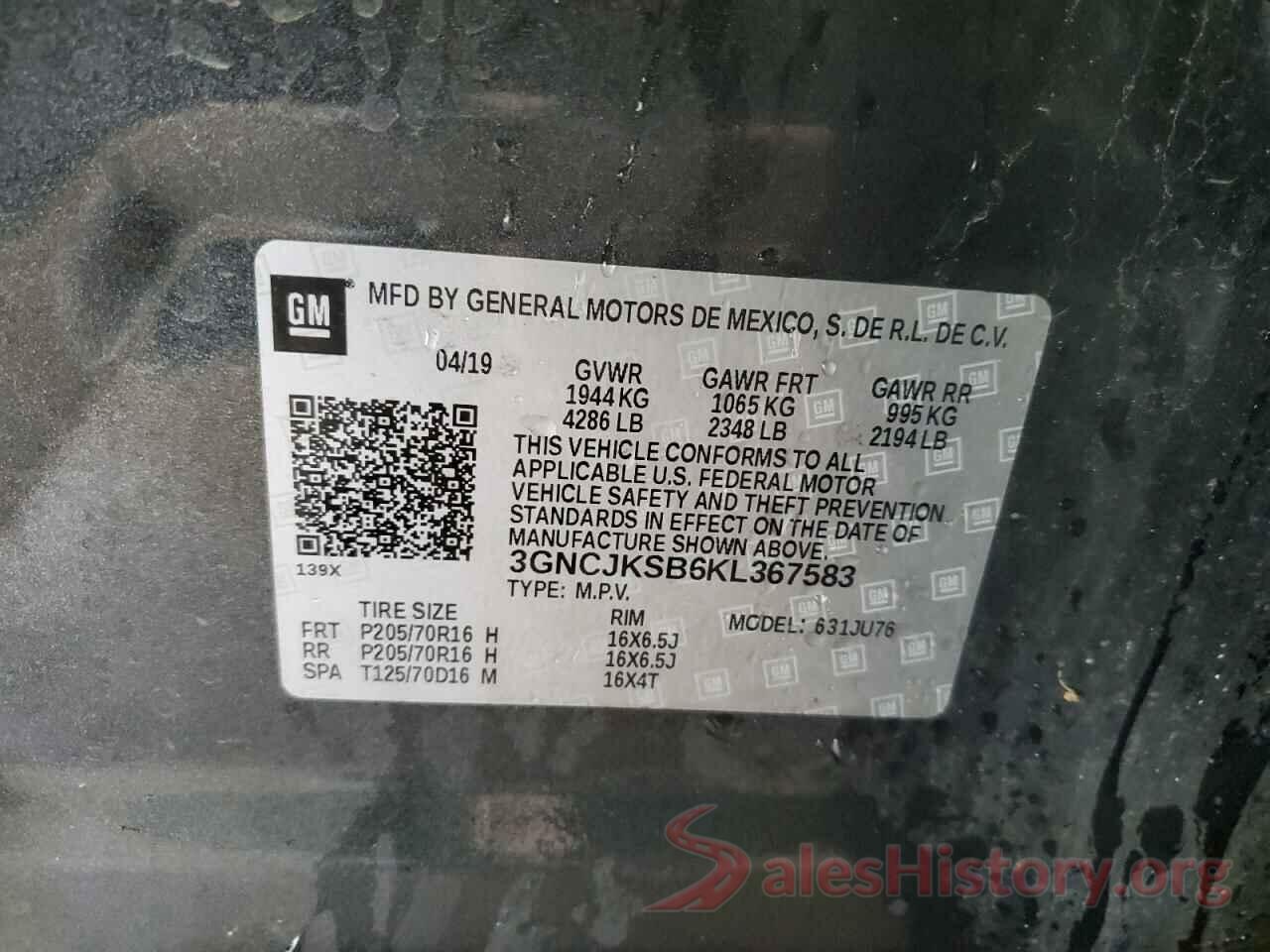 3GNCJKSB6KL367583 2019 CHEVROLET TRAX