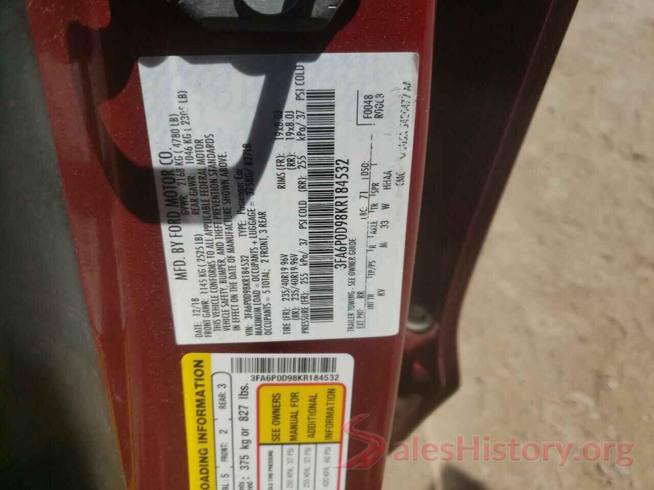 3FA6P0D98KR184532 2019 FORD FUSION