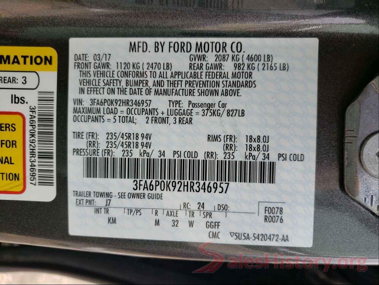 3FA6P0K92HR346957 2017 FORD FUSION