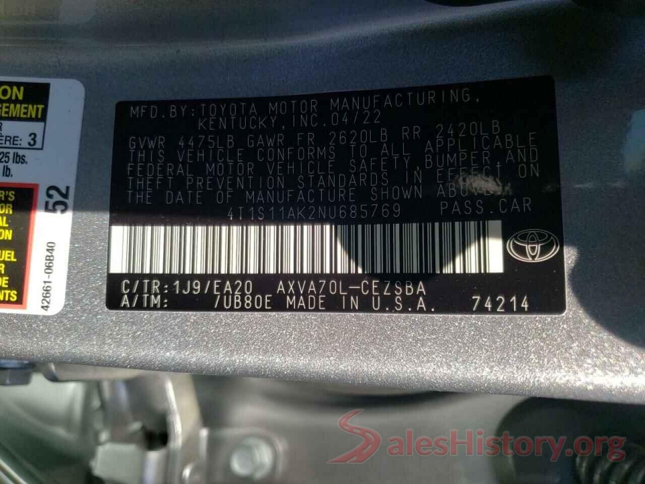 4T1S11AK2NU685769 2022 TOYOTA CAMRY