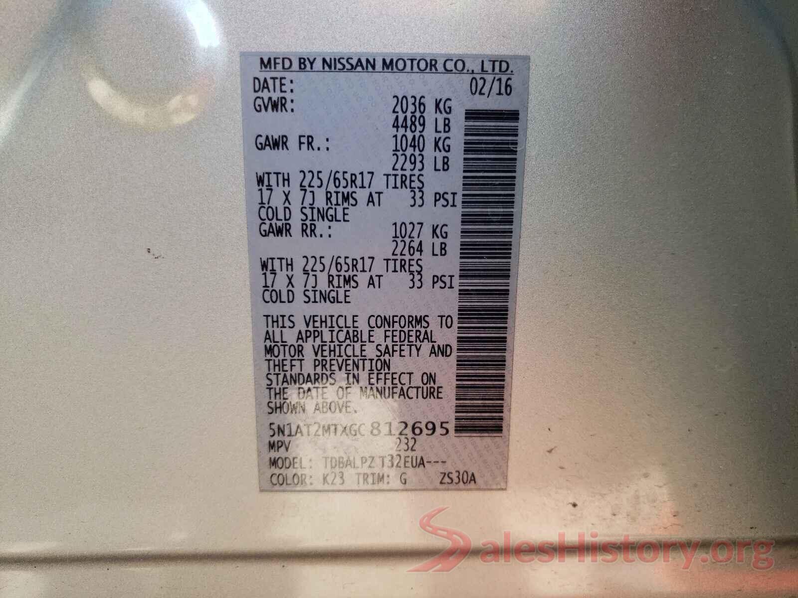 5N1AT2MTXGC812695 2016 NISSAN ROGUE