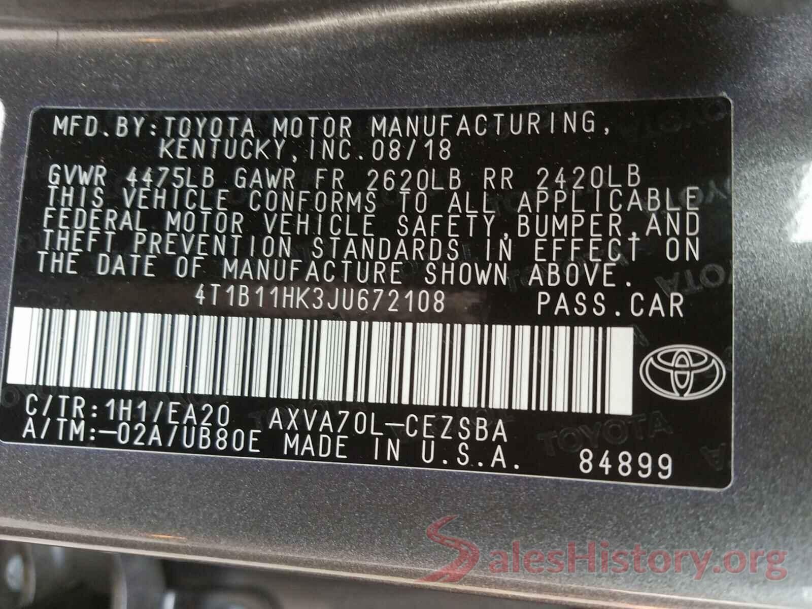 4T1B11HK3JU672108 2018 TOYOTA CAMRY