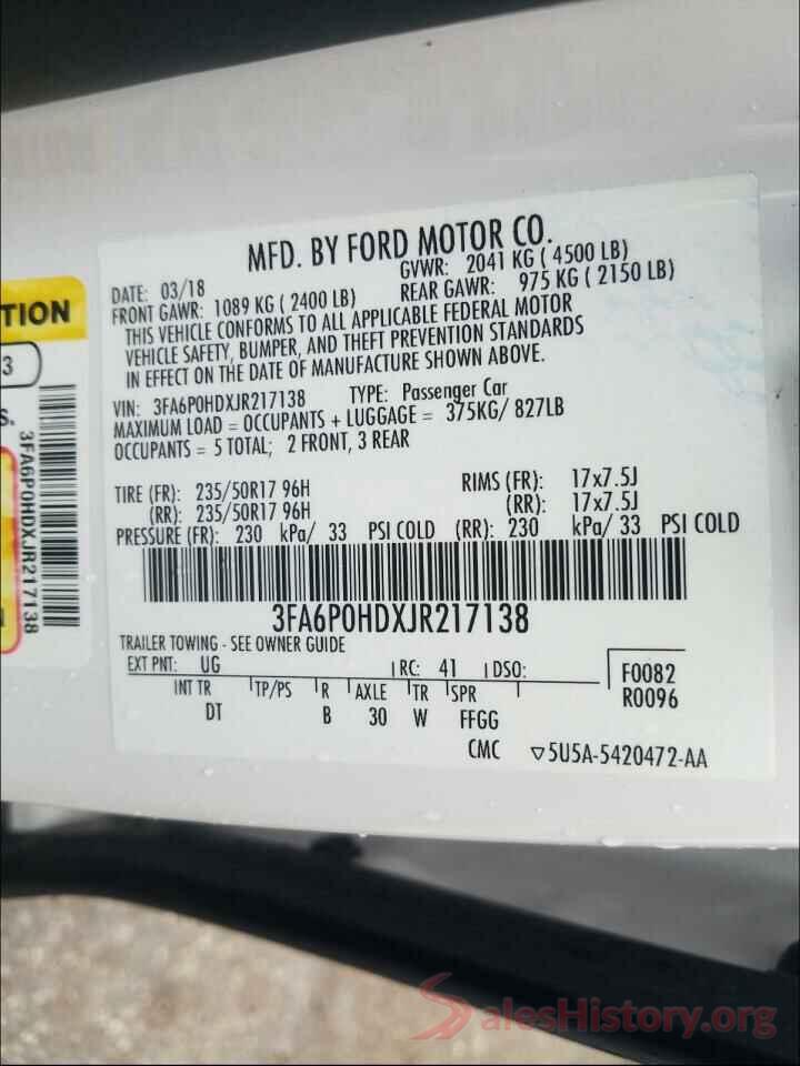 3FA6P0HDXJR217138 2018 FORD FUSION