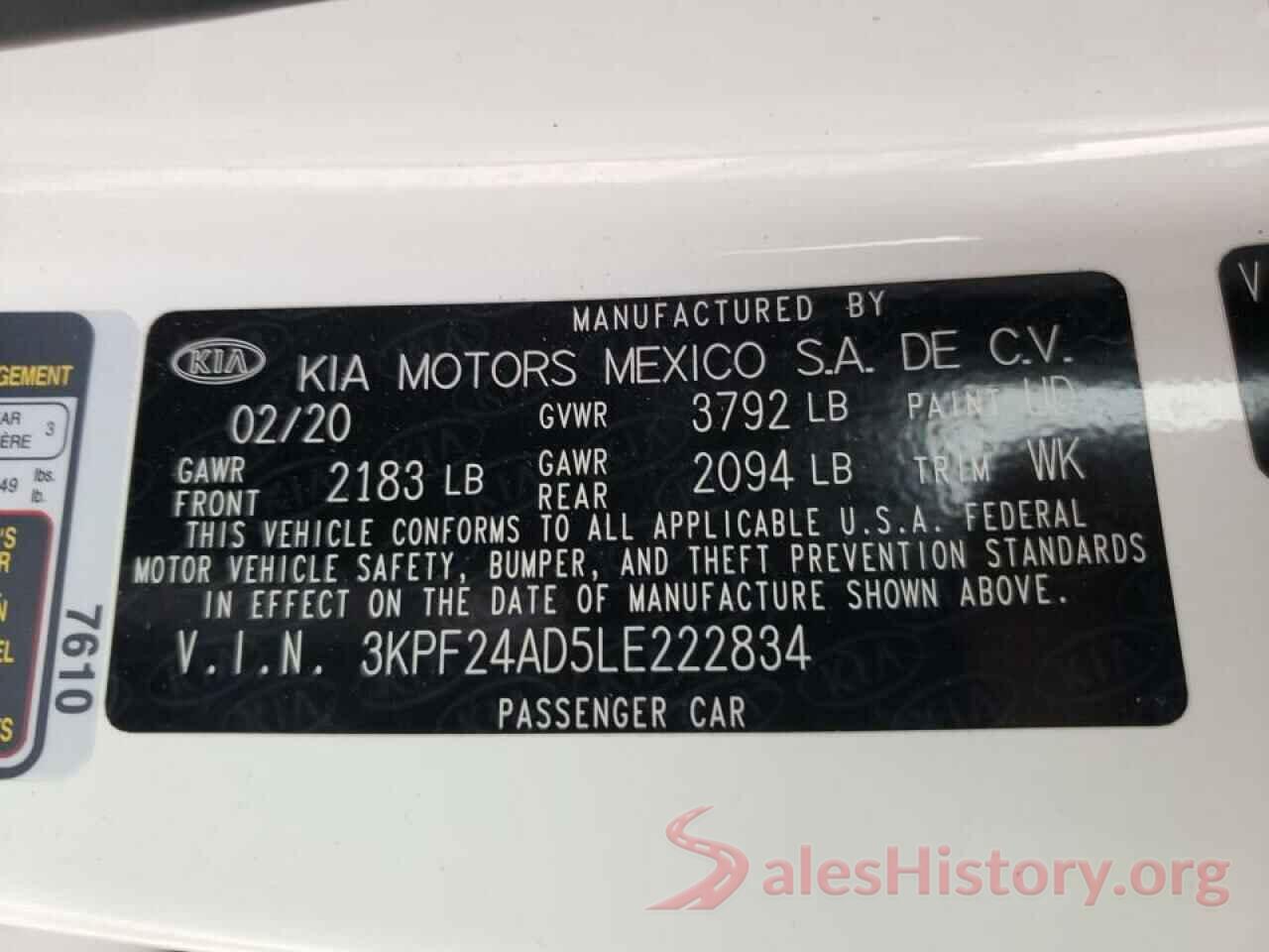 3KPF24AD5LE222834 2020 KIA FORTE