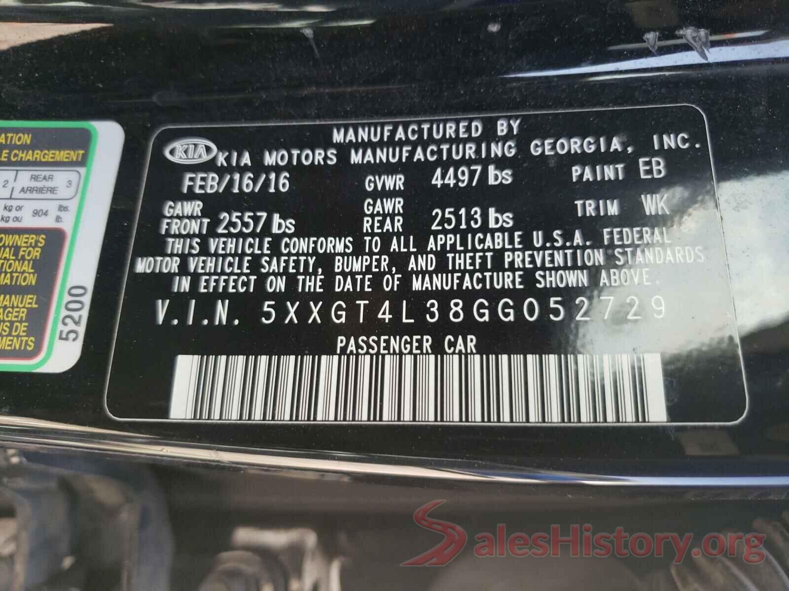 5XXGT4L38GG052729 2016 KIA OPTIMA