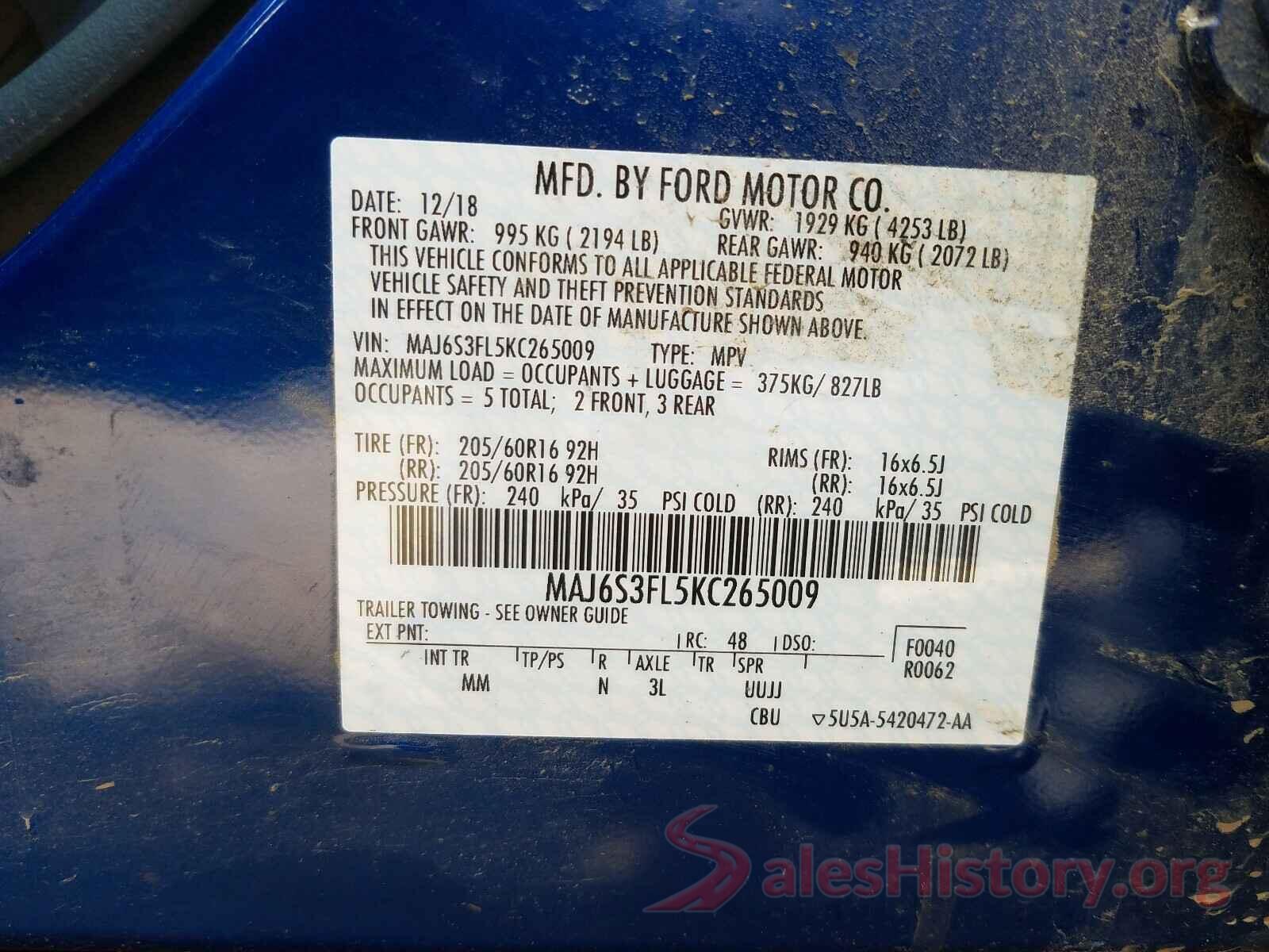 MAJ6S3FL5KC265009 2019 FORD ALL OTHER