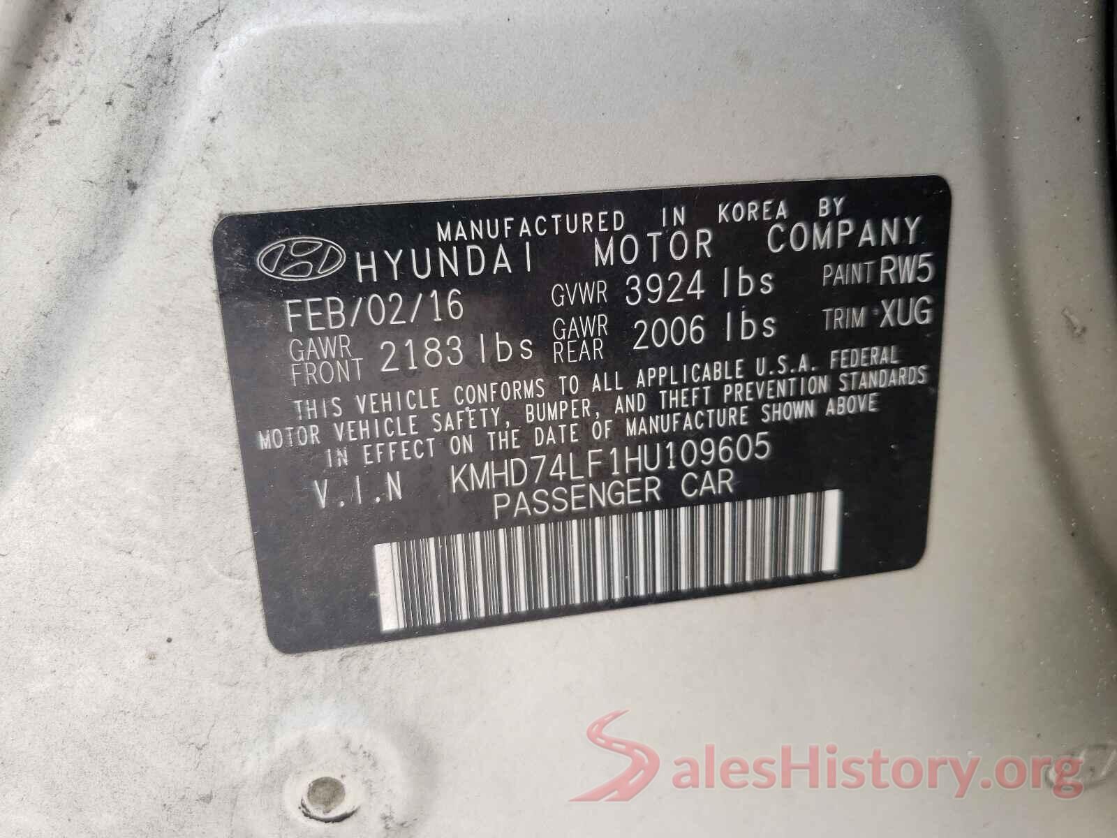 KMHD74LF1HU109605 2017 HYUNDAI ELANTRA