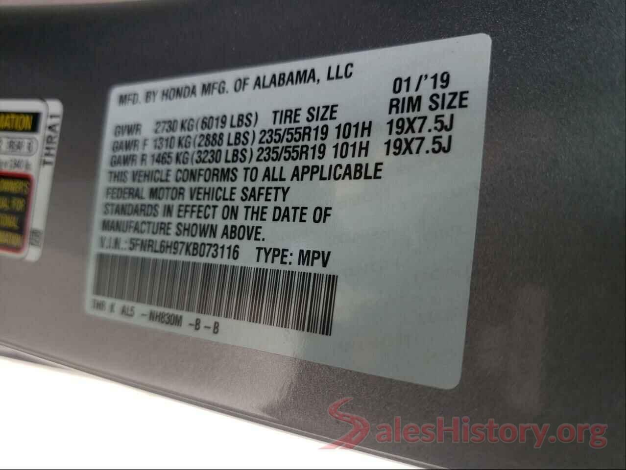 5FNRL6H97KB073116 2019 HONDA ODYSSEY