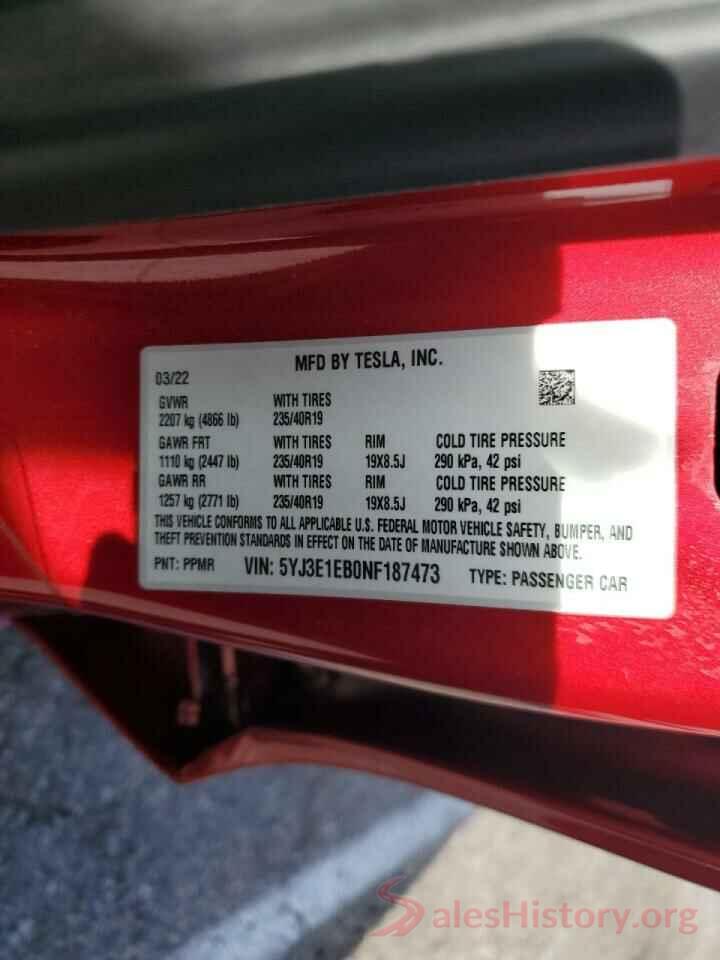 5YJ3E1EB0NF187473 2022 TESLA MODEL 3