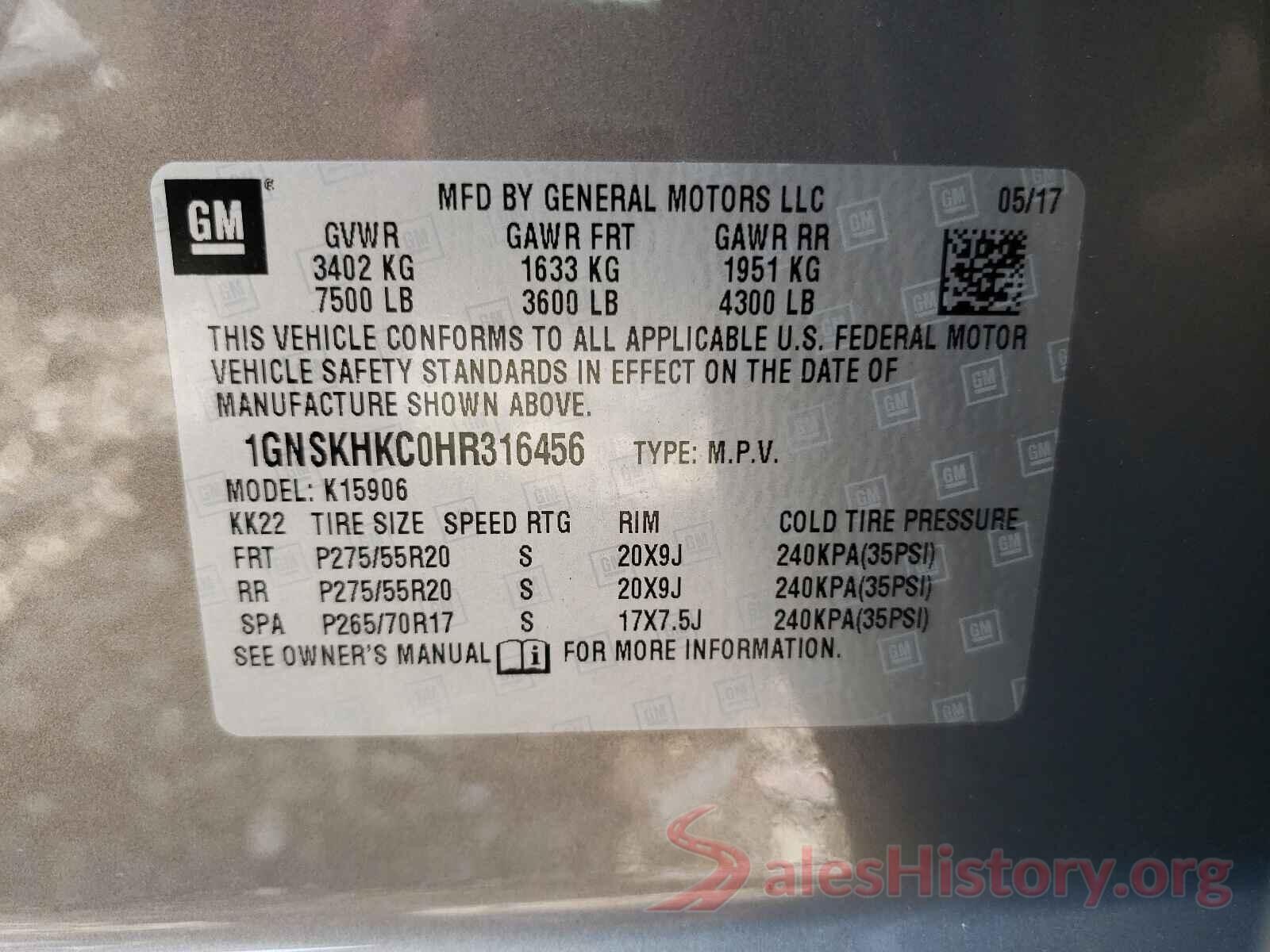 1GNSKHKC0HR316456 2017 CHEVROLET SUBURBAN