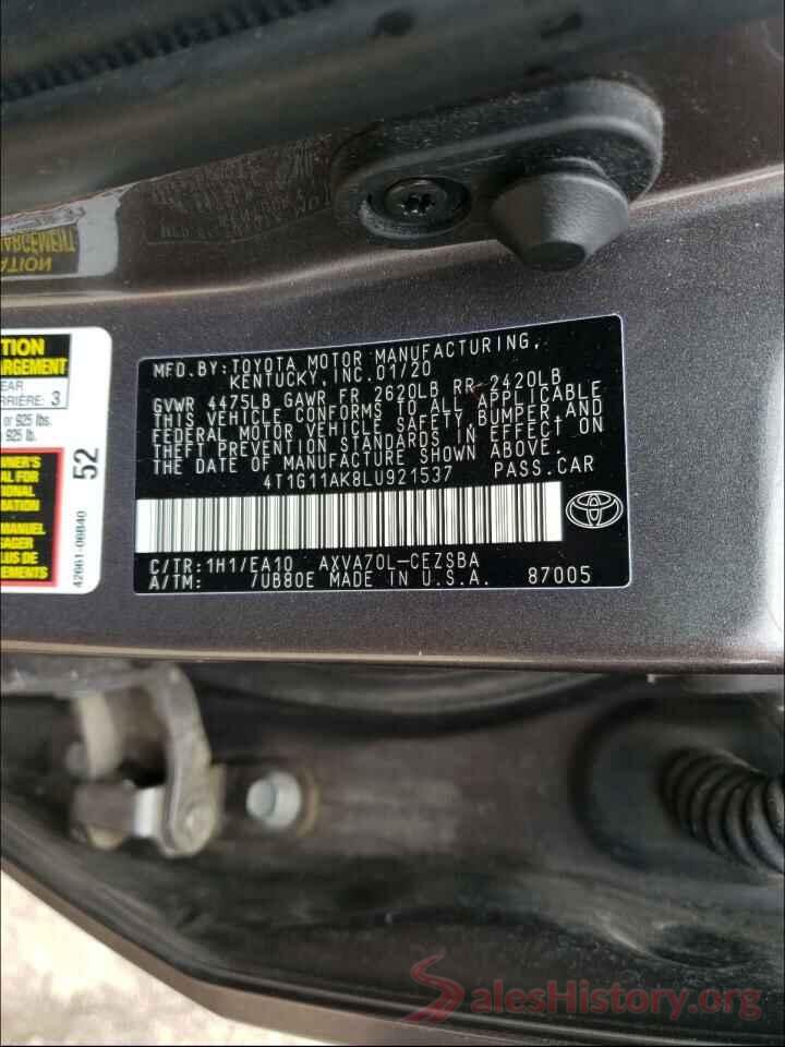 4T1G11AK8LU921537 2020 TOYOTA CAMRY