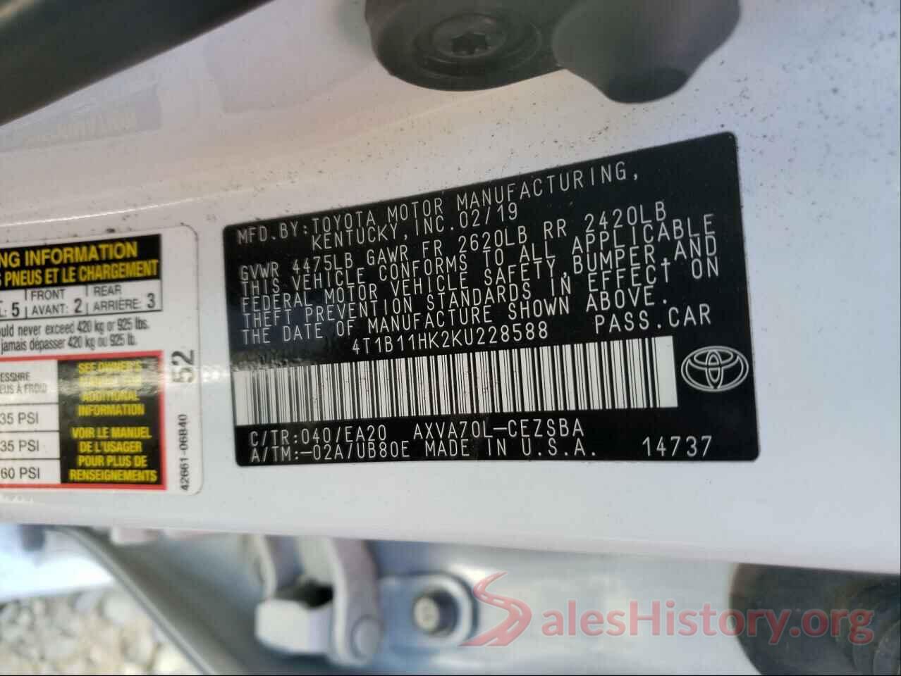 4T1B11HK2KU228588 2019 TOYOTA CAMRY