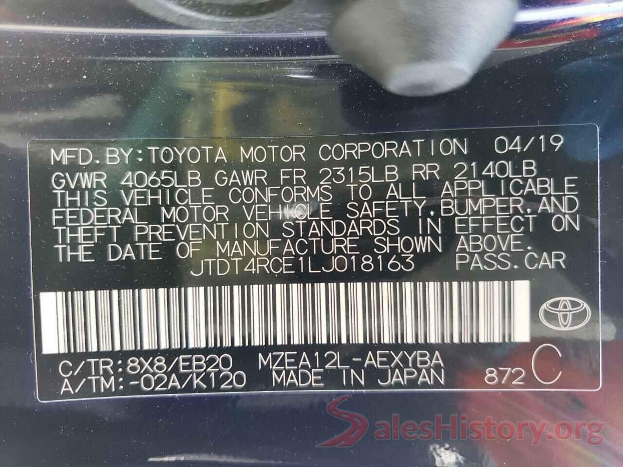 JTDT4RCE1LJ018163 2020 TOYOTA COROLLA