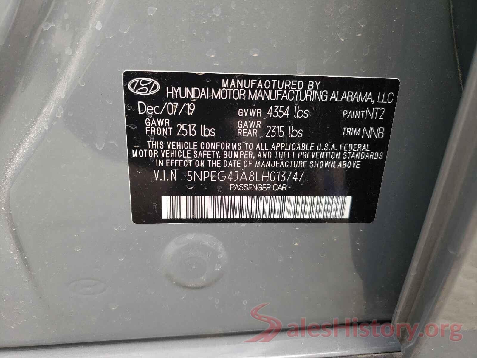 5NPEG4JA8LH013747 2020 HYUNDAI SONATA