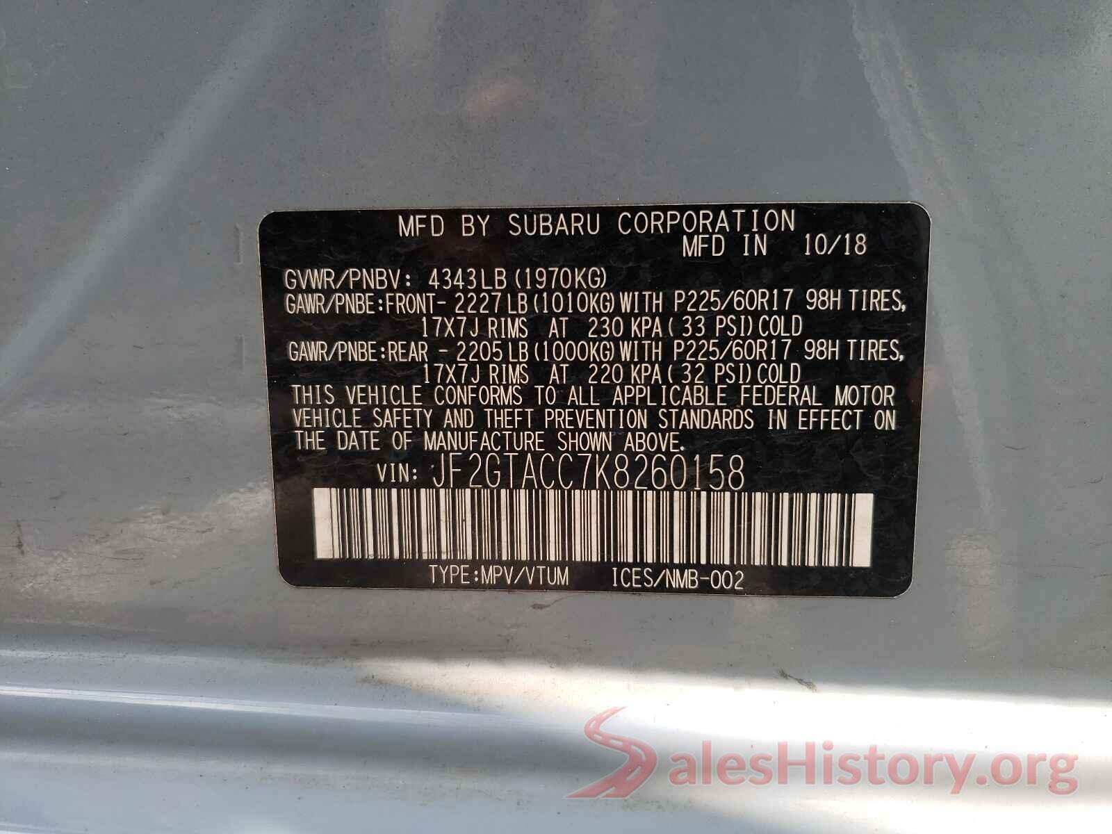 JF2GTACC7K8260158 2019 SUBARU CROSSTREK