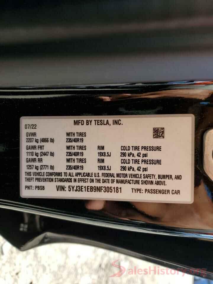 5YJ3E1EB9NF305181 2022 TESLA MODEL 3