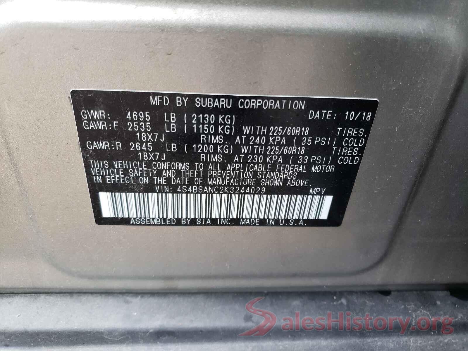 4S4BSANC2K3244029 2019 SUBARU OUTBACK