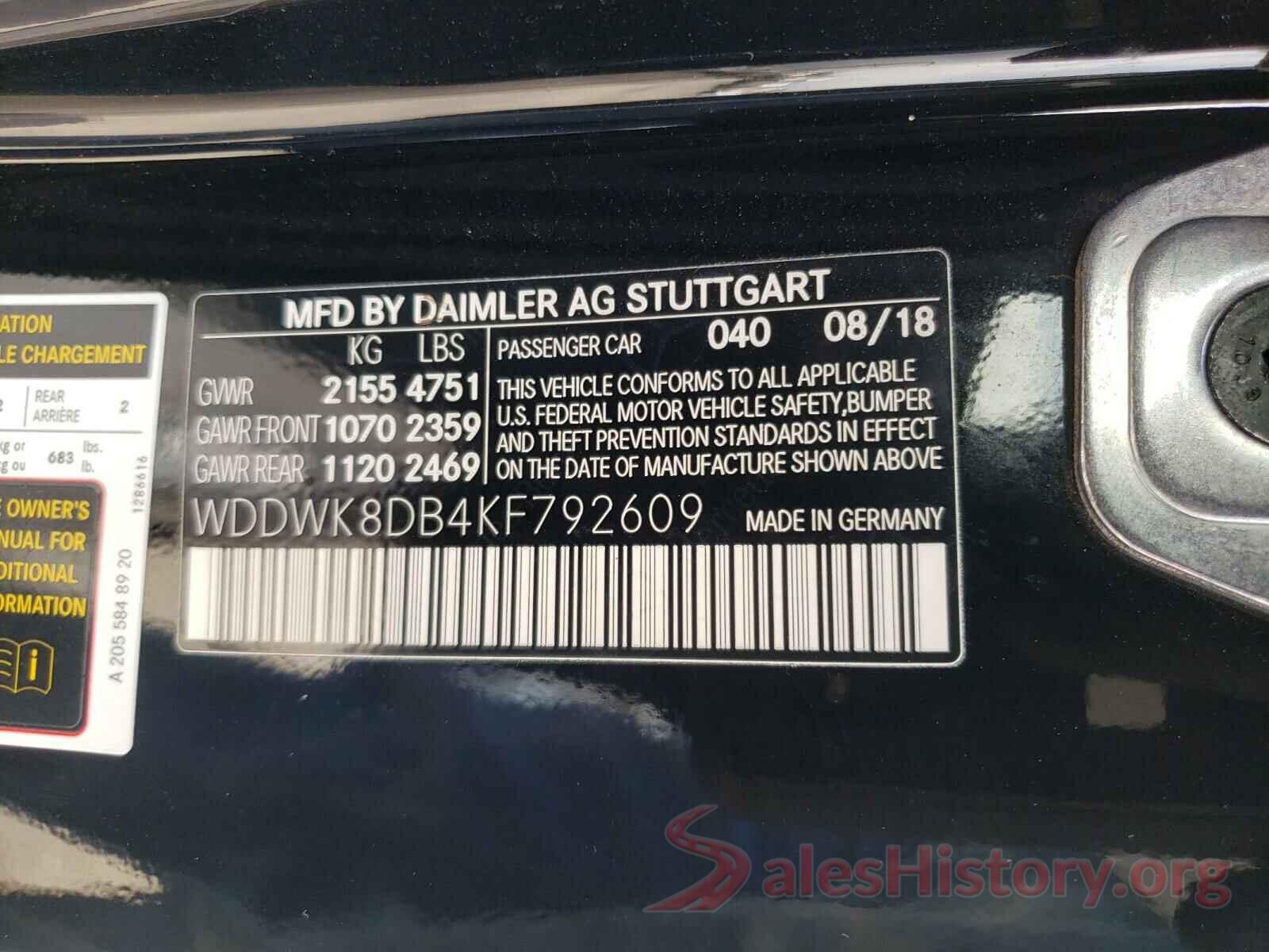 WDDWK8DB4KF792609 2019 MERCEDES-BENZ C CLASS