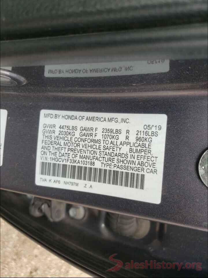 1HGCV1F33KA103188 2019 HONDA ACCORD